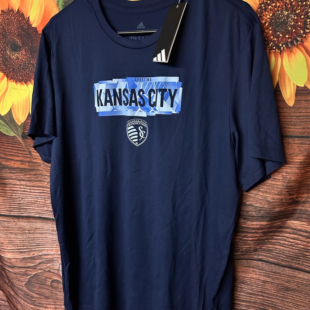 adidas Navy Blue Graphic Tee with Light Blue Accents